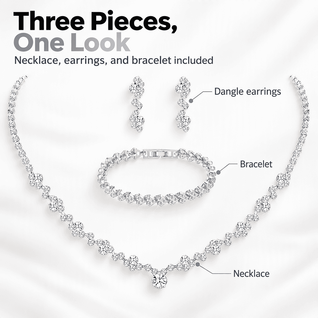 Tatibana matching 3-piece set breakdown: necklace, dangle earrings, and bracelet