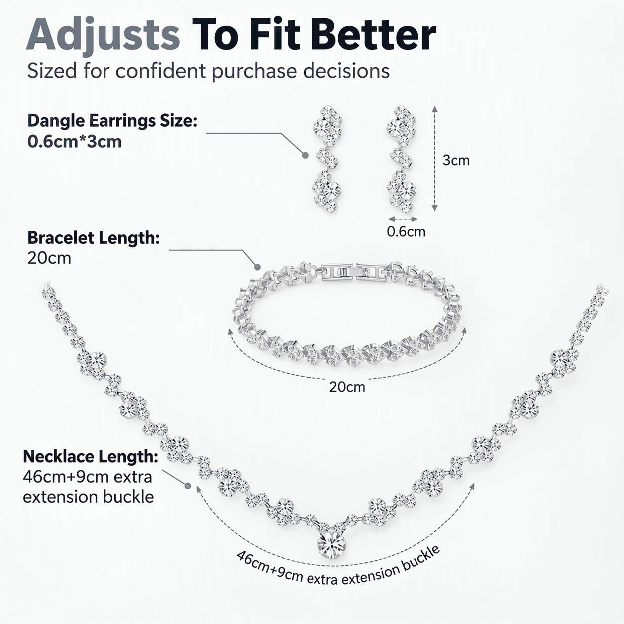 Tatibana jewelry set necklace length, bracelet, and earring dimensions guide